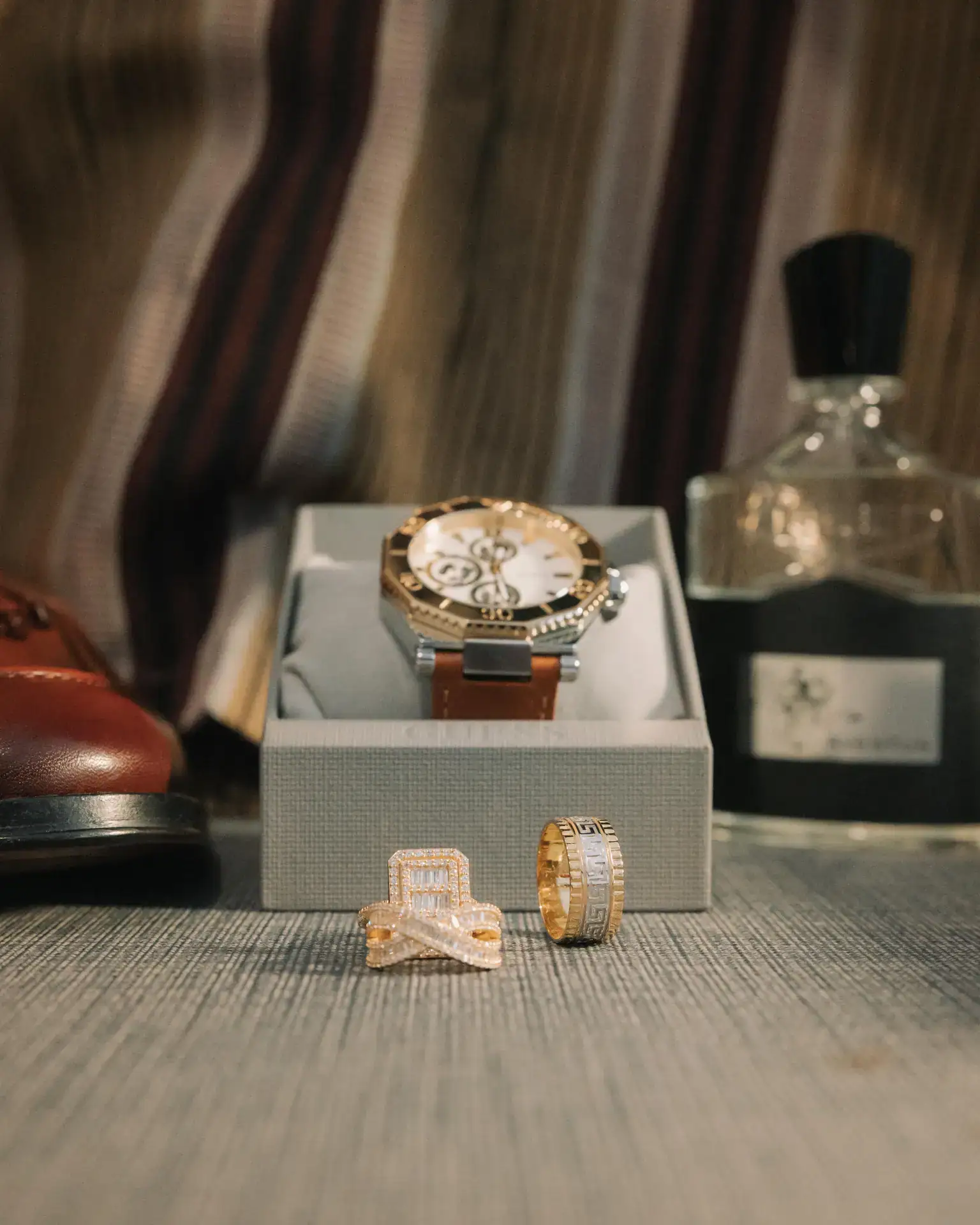 Groom accessories flat-lay detail